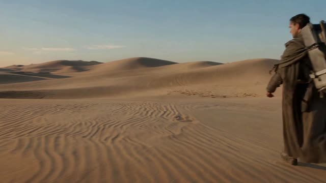Cinematic slow motion, a lone traveler walking towards a futuris...