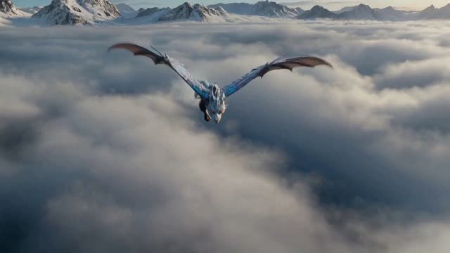 An epic wide aerial drone shot of a majestic frost dragon soarin...