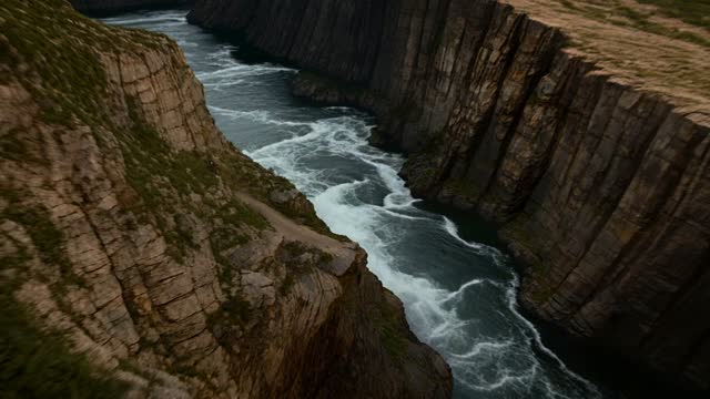 Enduro motorbike along a river gorge ledge (10 seconds, single c...