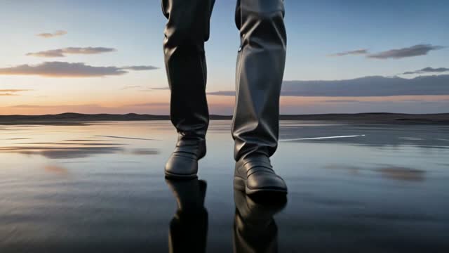 A lone figure walks through a vast mirror desert under a twiligh...