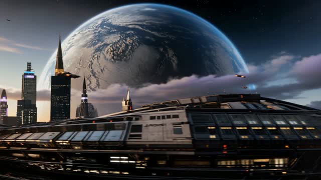 Slow pan across a sprawling futuristic megacity on a terraformed...