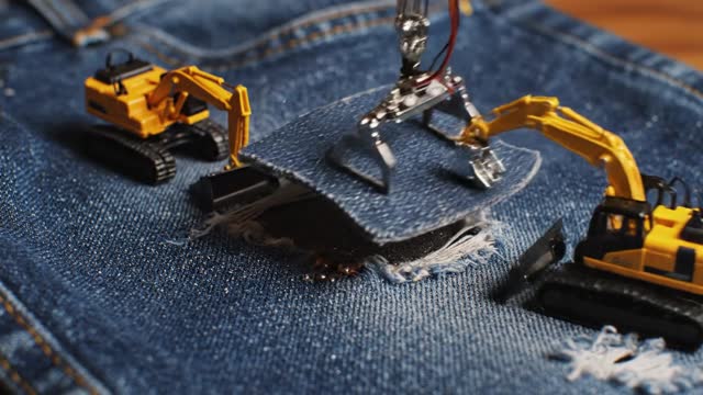 Tiny non-anthropromorphic construction robots trying patch a pai...