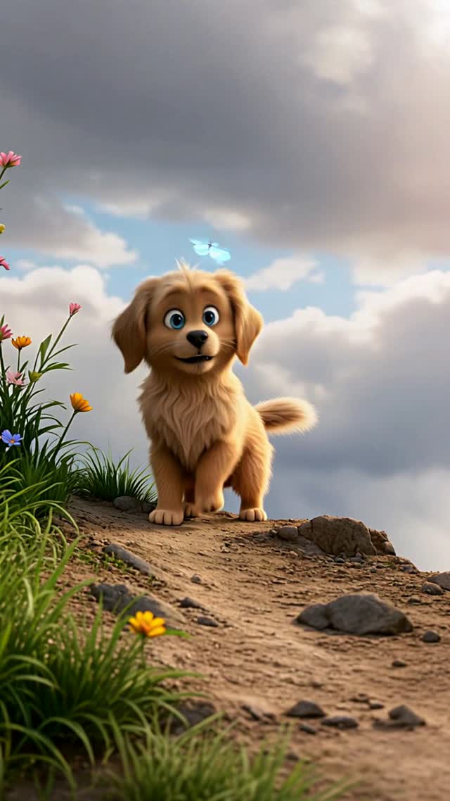 A ridiculously cute tiny golden puppy with oversized sparkling e...