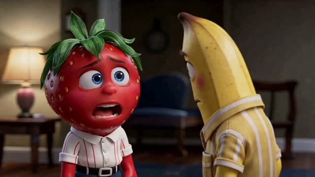 A strawberry character crying with big eyes and tears, confronti...