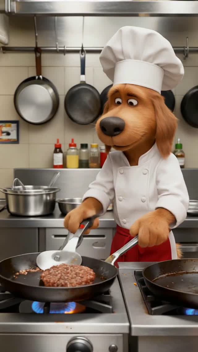 A dog working as a chef in a fast food restaurant, flipping burg...