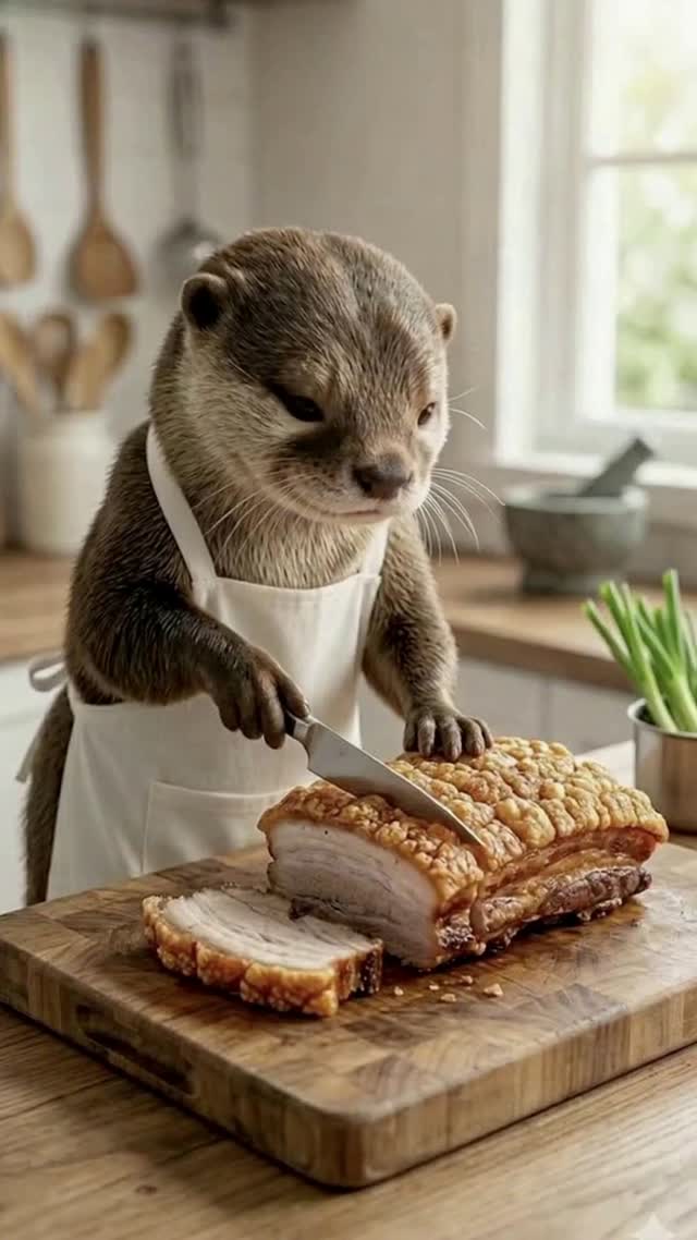 Based on , the adorable river otter in the white apron is carefu...