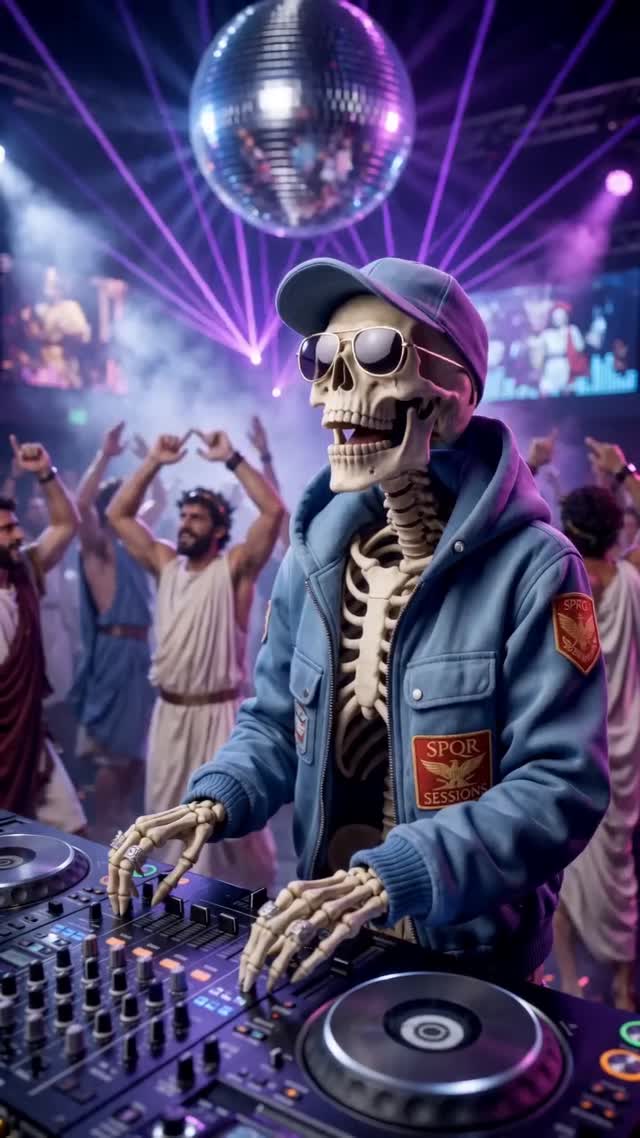 Place the skeleton character DJing in a nightclub filled with Ro...